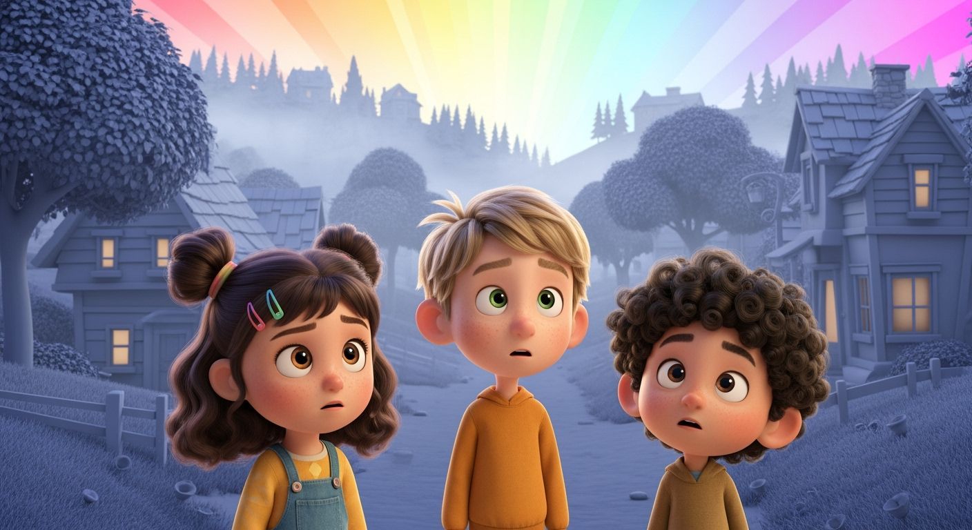 Pixar Style Grayscale Town with Children in Ultra HDR