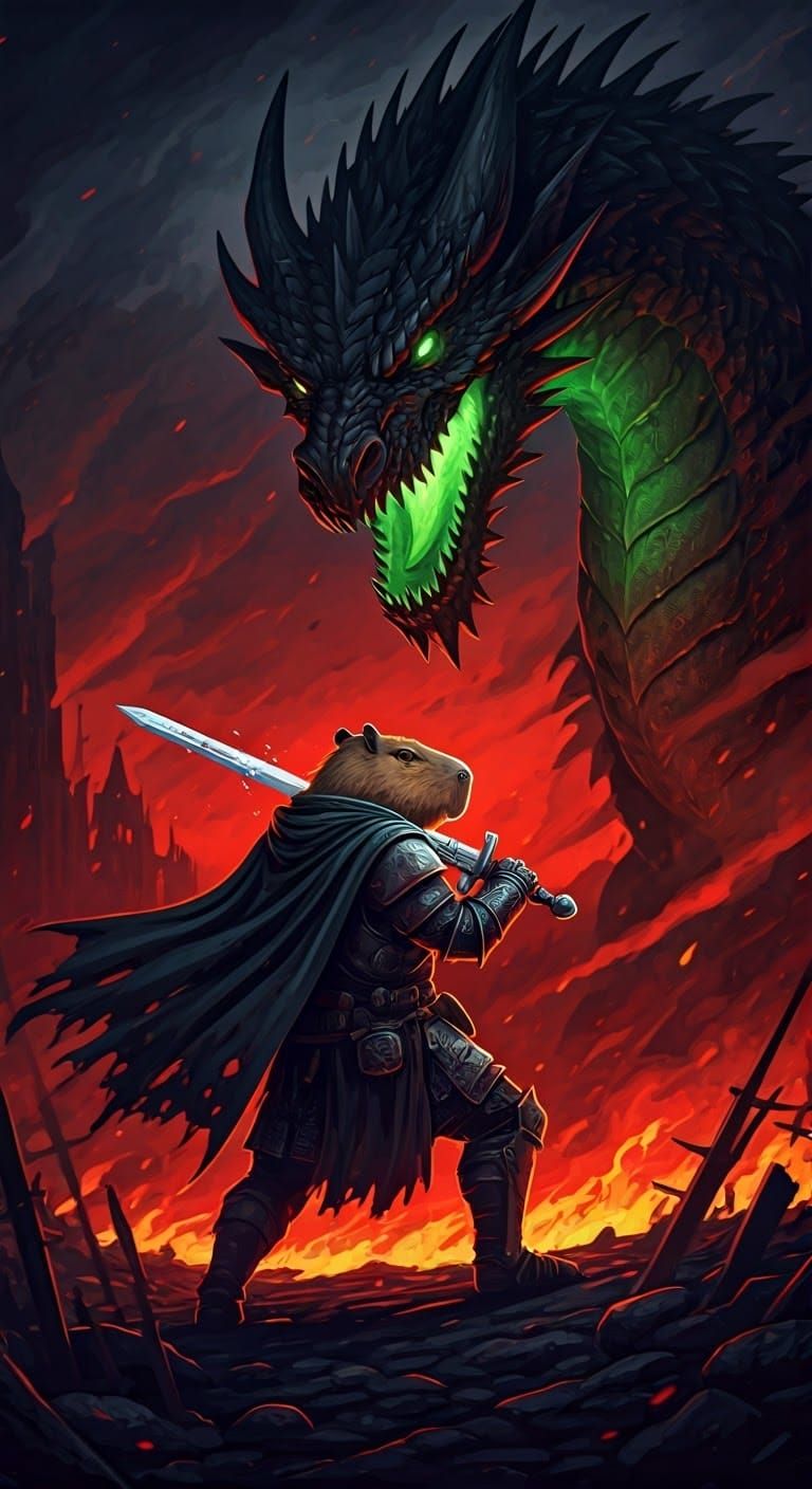 Cyberpunk-Style Dark Fantasy Capybara Knight Battles Towerin...