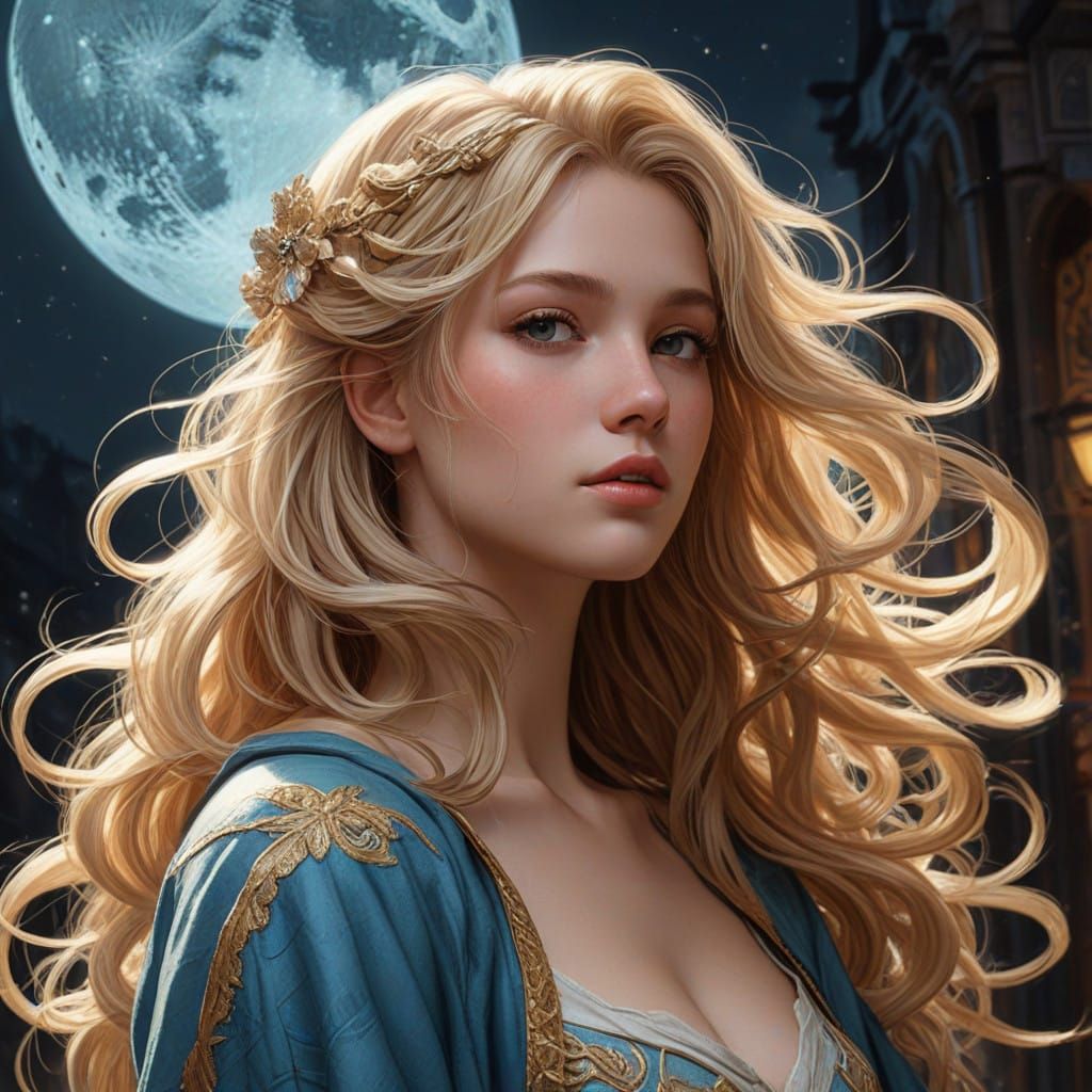 Maiden in Moonlit Shadows, Art Nouveau Style