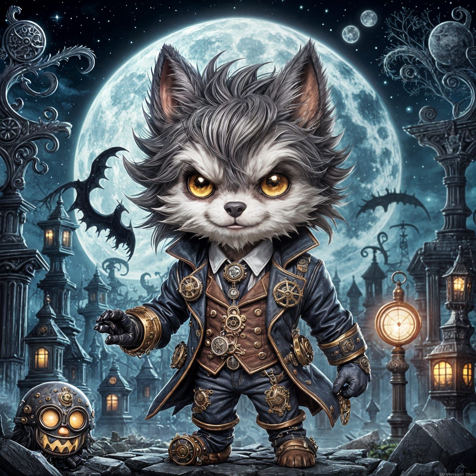 Steampunk Chibi Werewolf in Gothic Graveyard