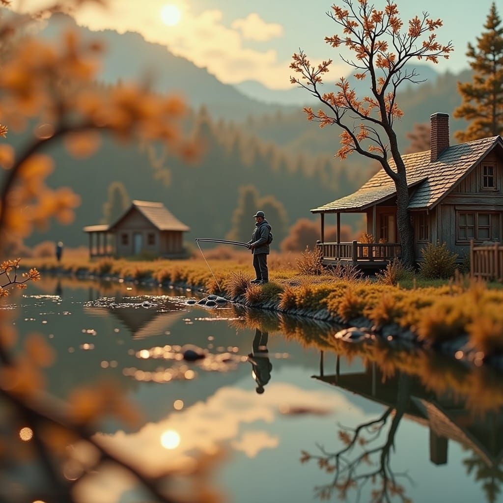 Father and Son Fishing in Miniature World