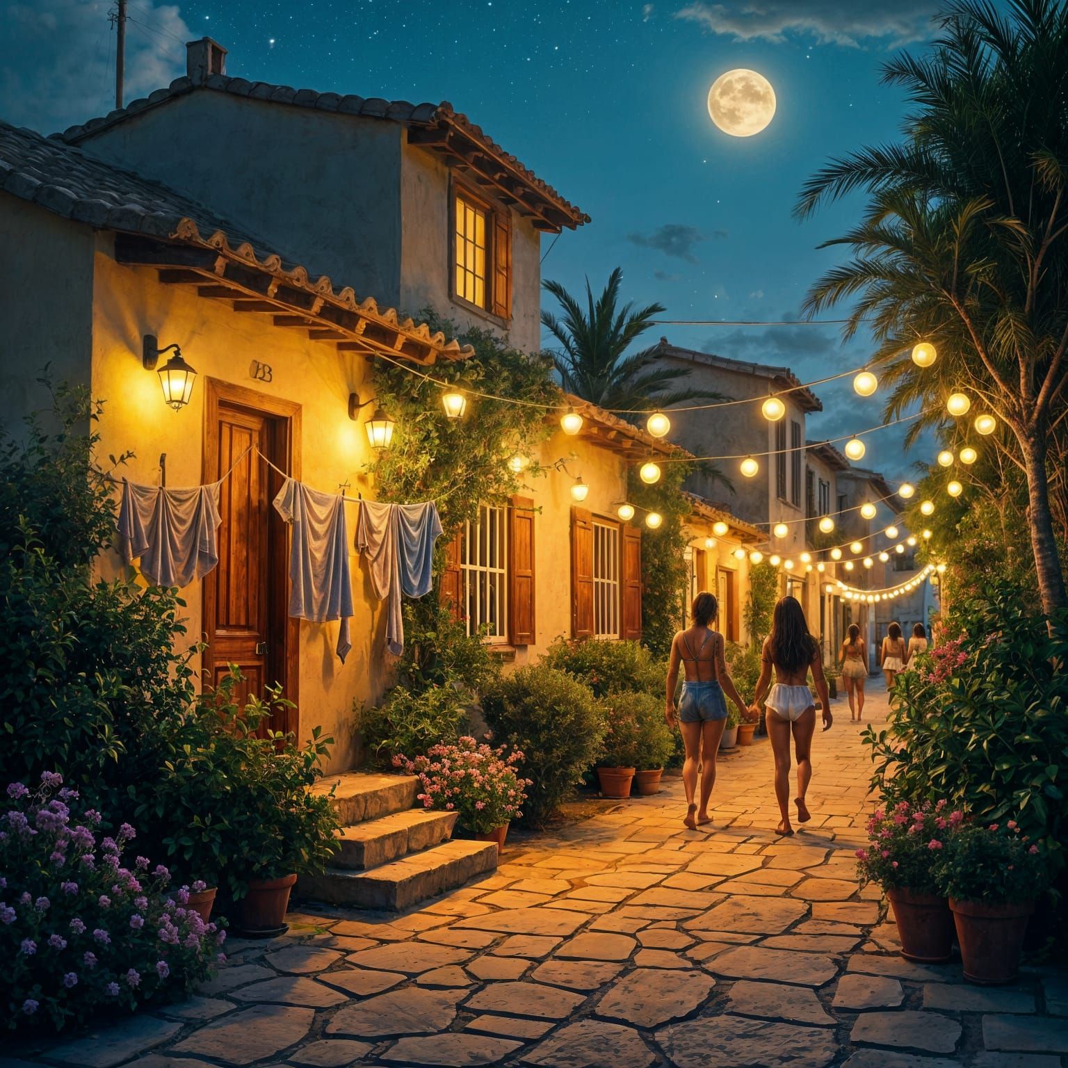 Mediterranean House at Night with Beach Partygoers
