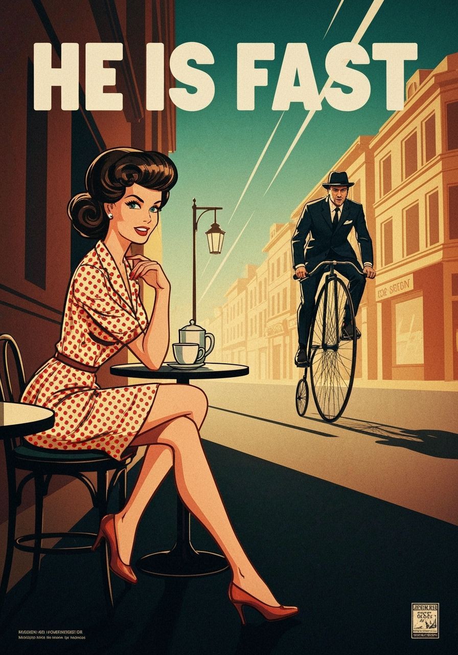 1960s Pop Art Poster of Woman Watching Penny-Farthing