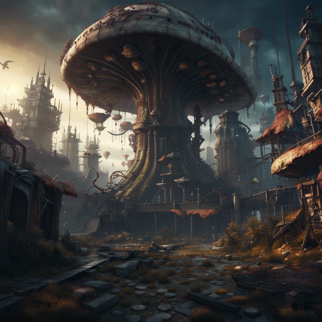 Post-Apocalyptic Fungus City in Dark Fantasy Style