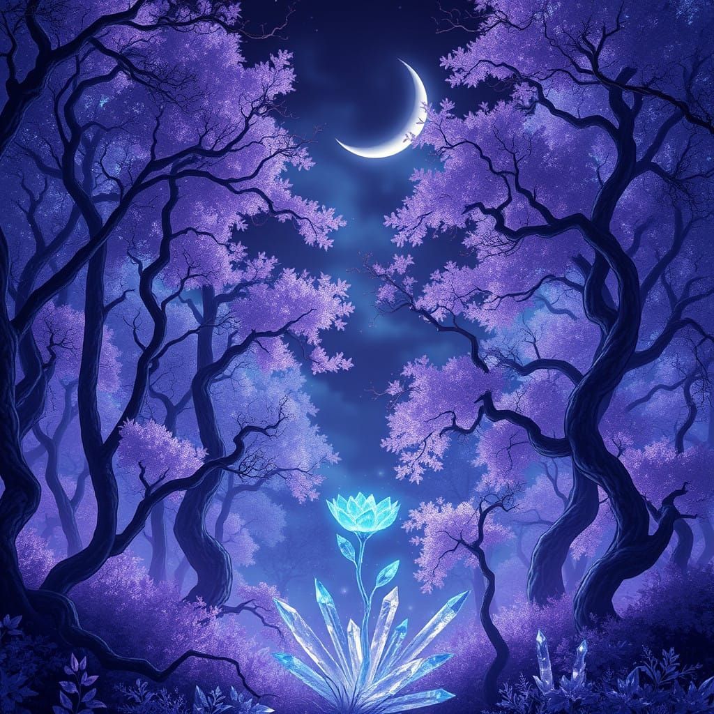 Mystical Amethyst Forest at Night with a Twinkling Ice Flowe...