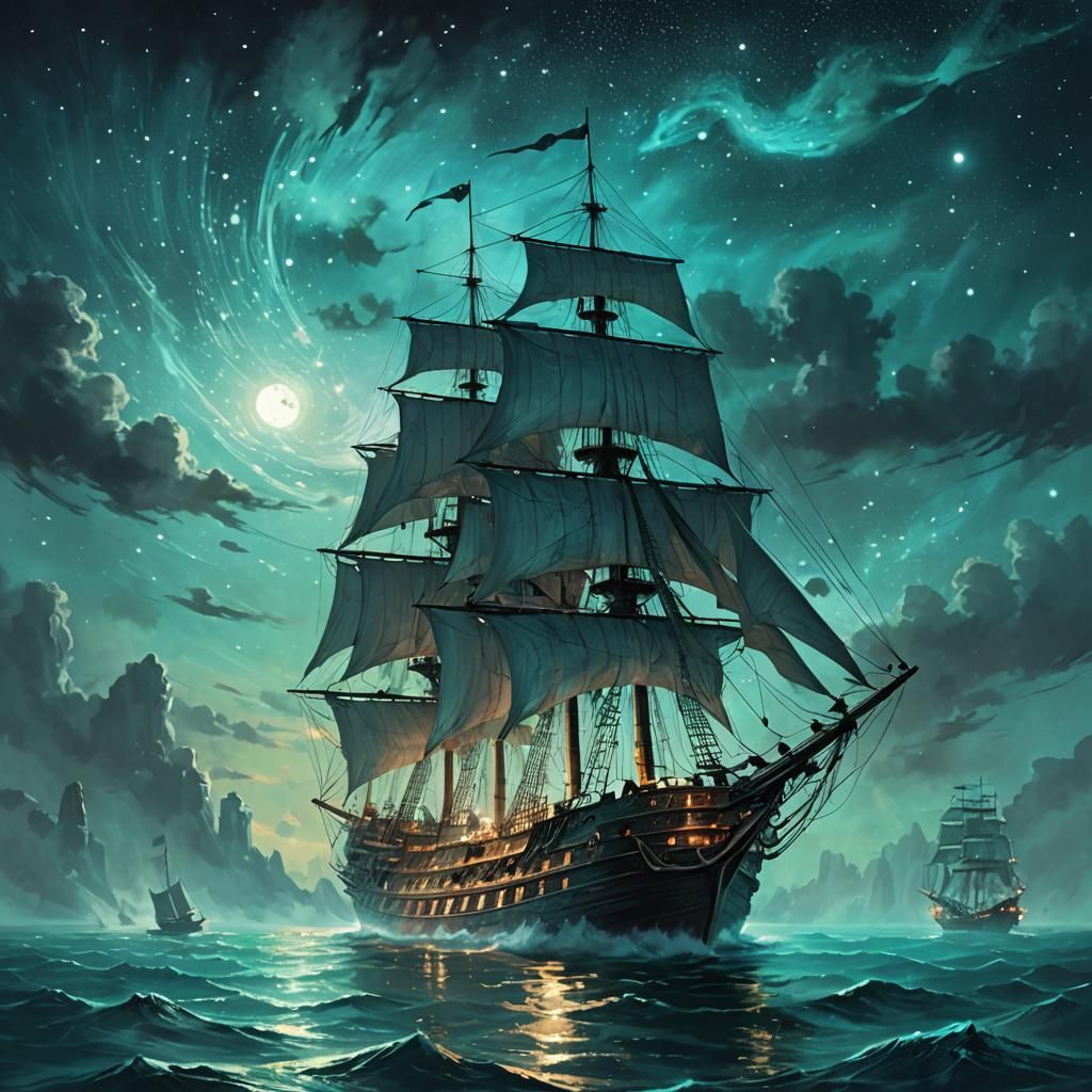 Ethereal Ghost Ship on a Mystical Turquoise Ocean