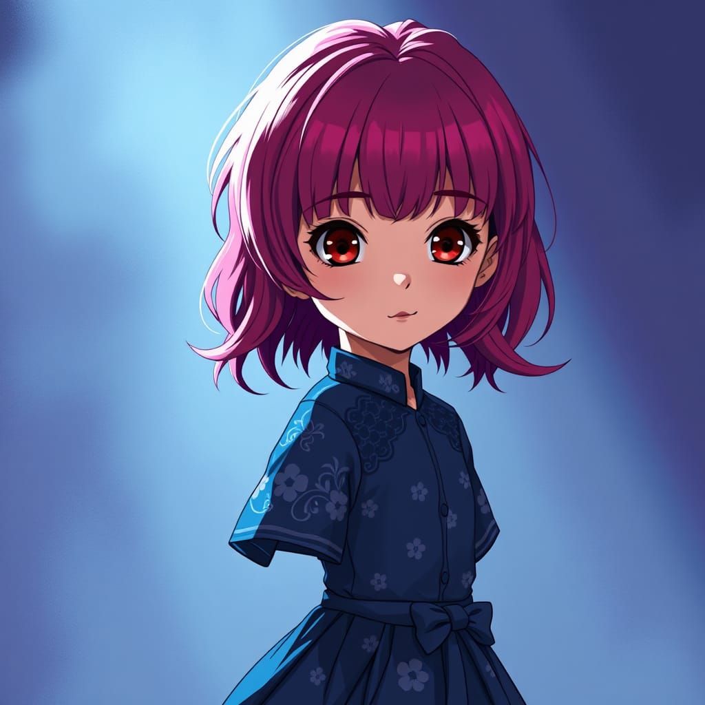 Magenta-Haired Girl in Indigo Dress, Anime Style