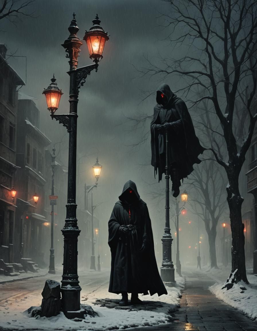 Eerie Cloaked Figure in Snowy Street, Detailed Matte Paintin...