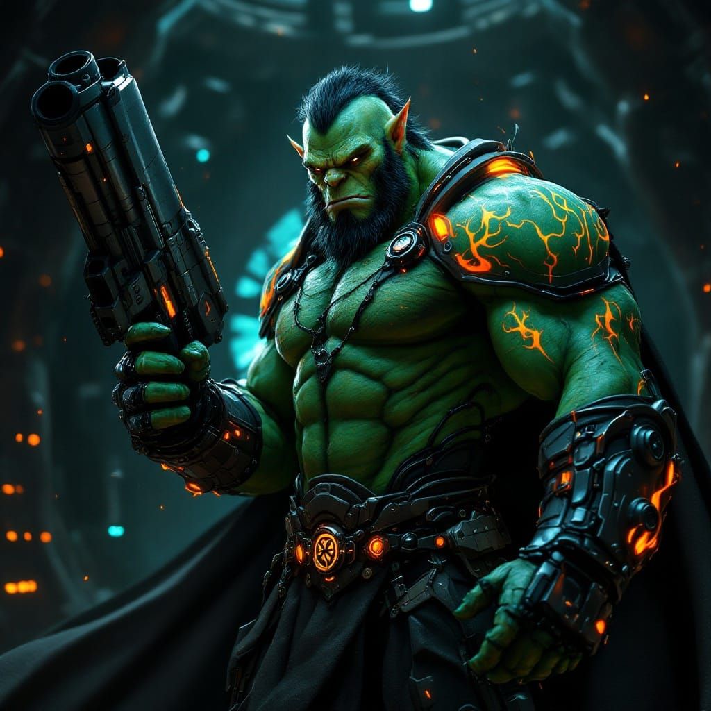 Cyberpunk Orc Warrior in Rococo-Inspired Armor