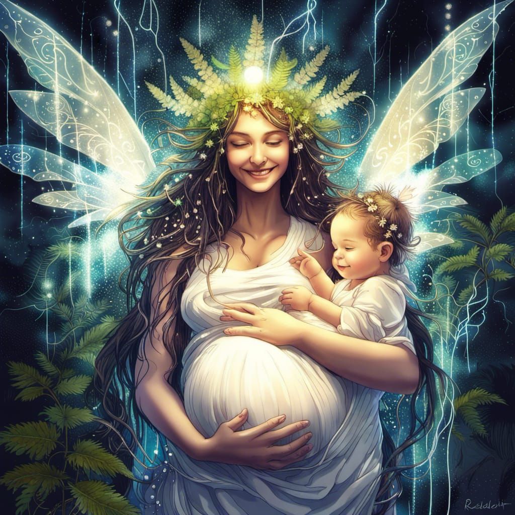 Radiant Fairy Goddess with Baby in Cave