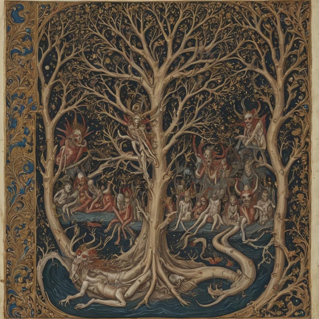 Haunting Medieval Manuscript Page Depicting Hell