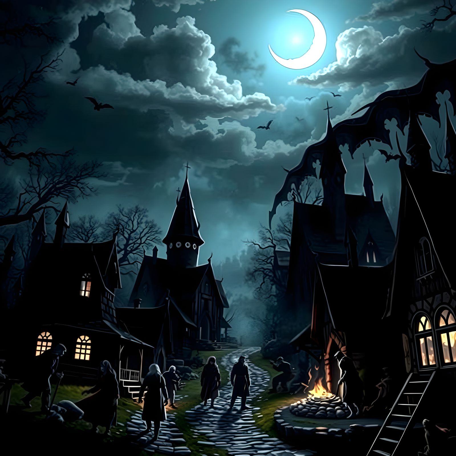Haunted village with demons vampires under a crescent moon