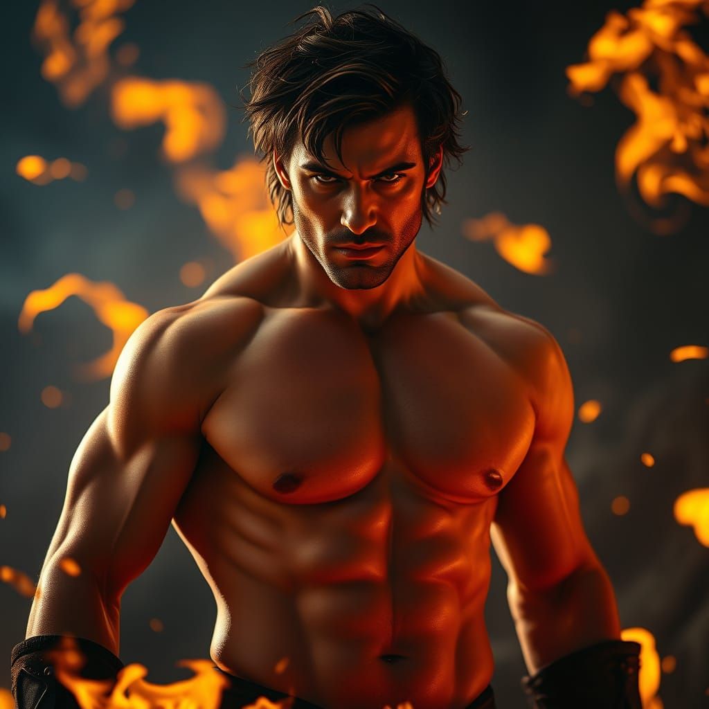 Intense Fantasy Warrior in Fiery Cinematic Scene