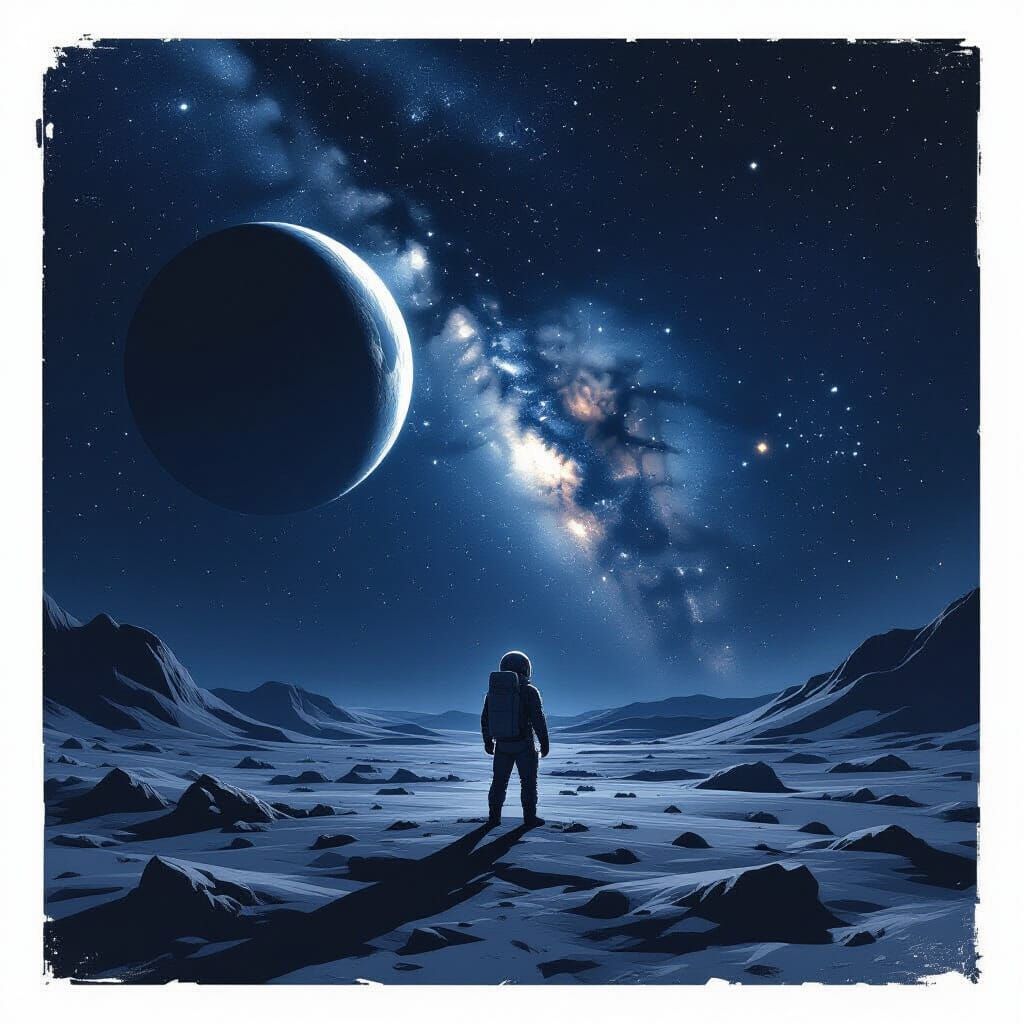 Astronaut on Dark Moon, Facing Starry Expanse