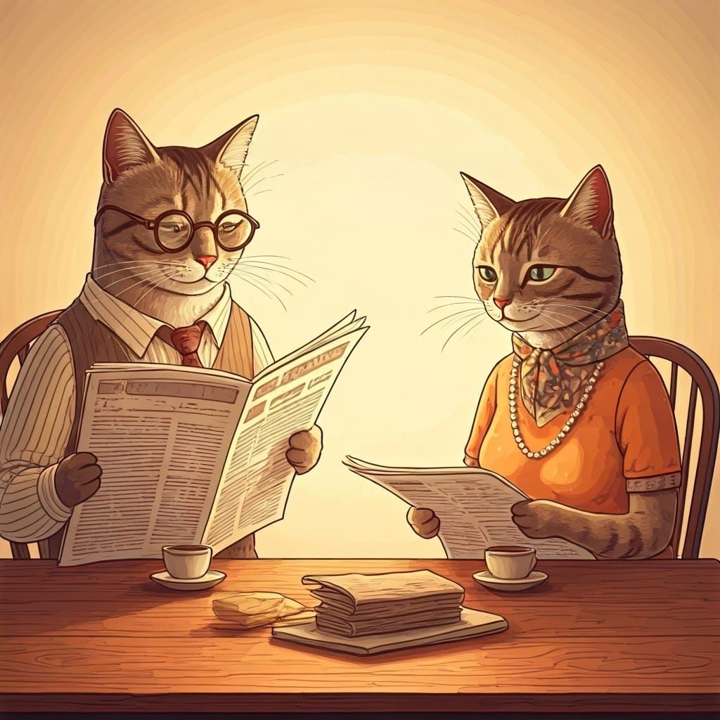 Whimsical Cat Couple Enjoy Morning Newspapers in Warm Light