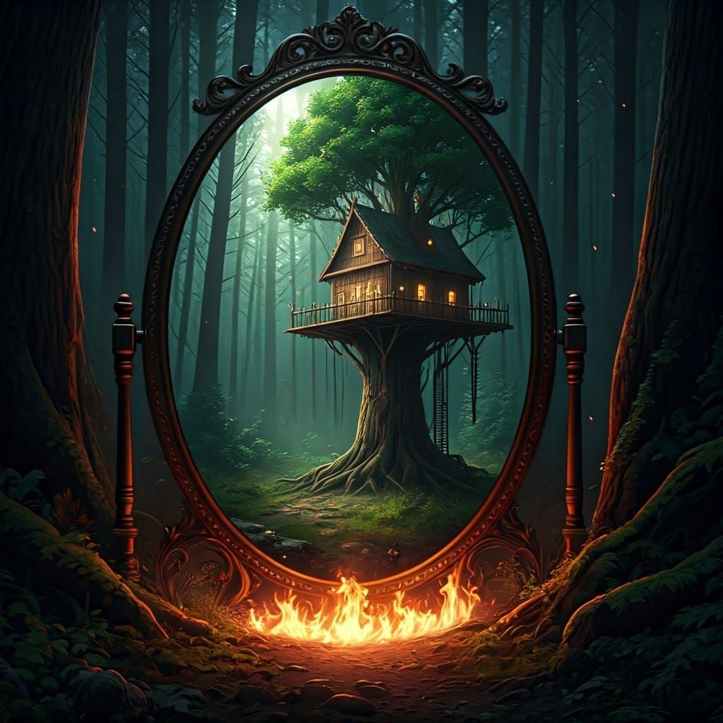 Treehouse Ablaze Reflected in Forest Mirror