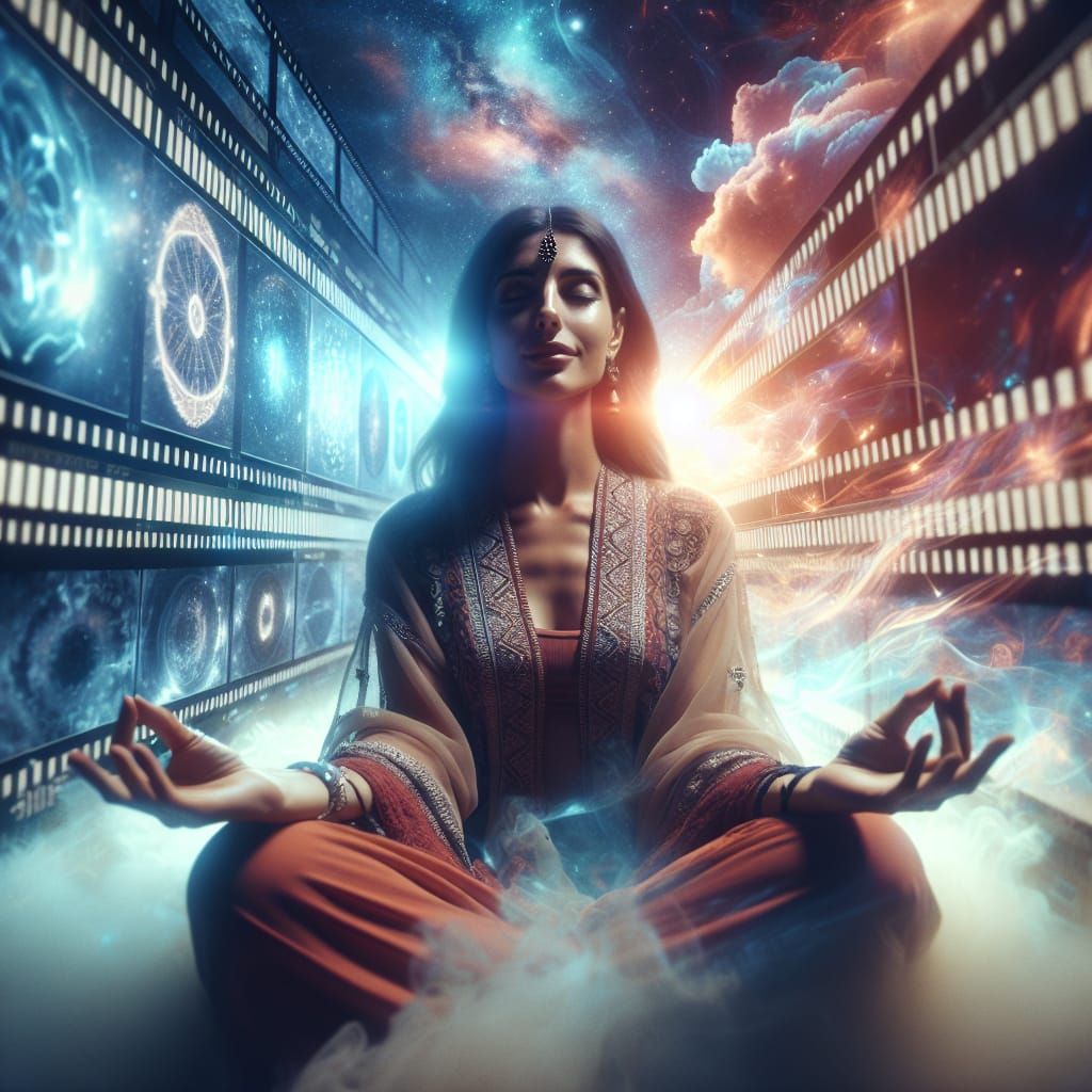 Meditating Woman Surrounded by Cosmic Energy, Cinematic Styl...