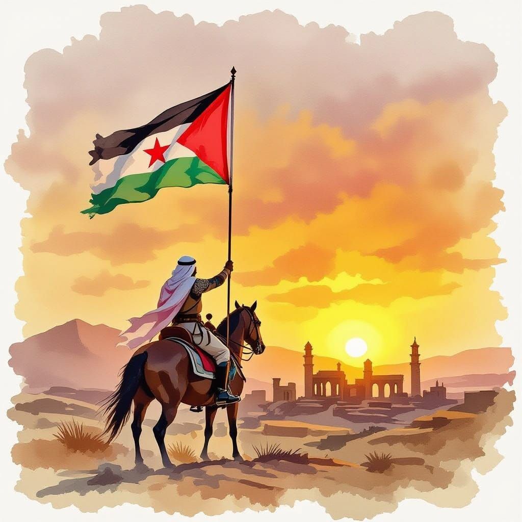 Jordanian Knight with Flag at Gerasa Ruins in Watercolor