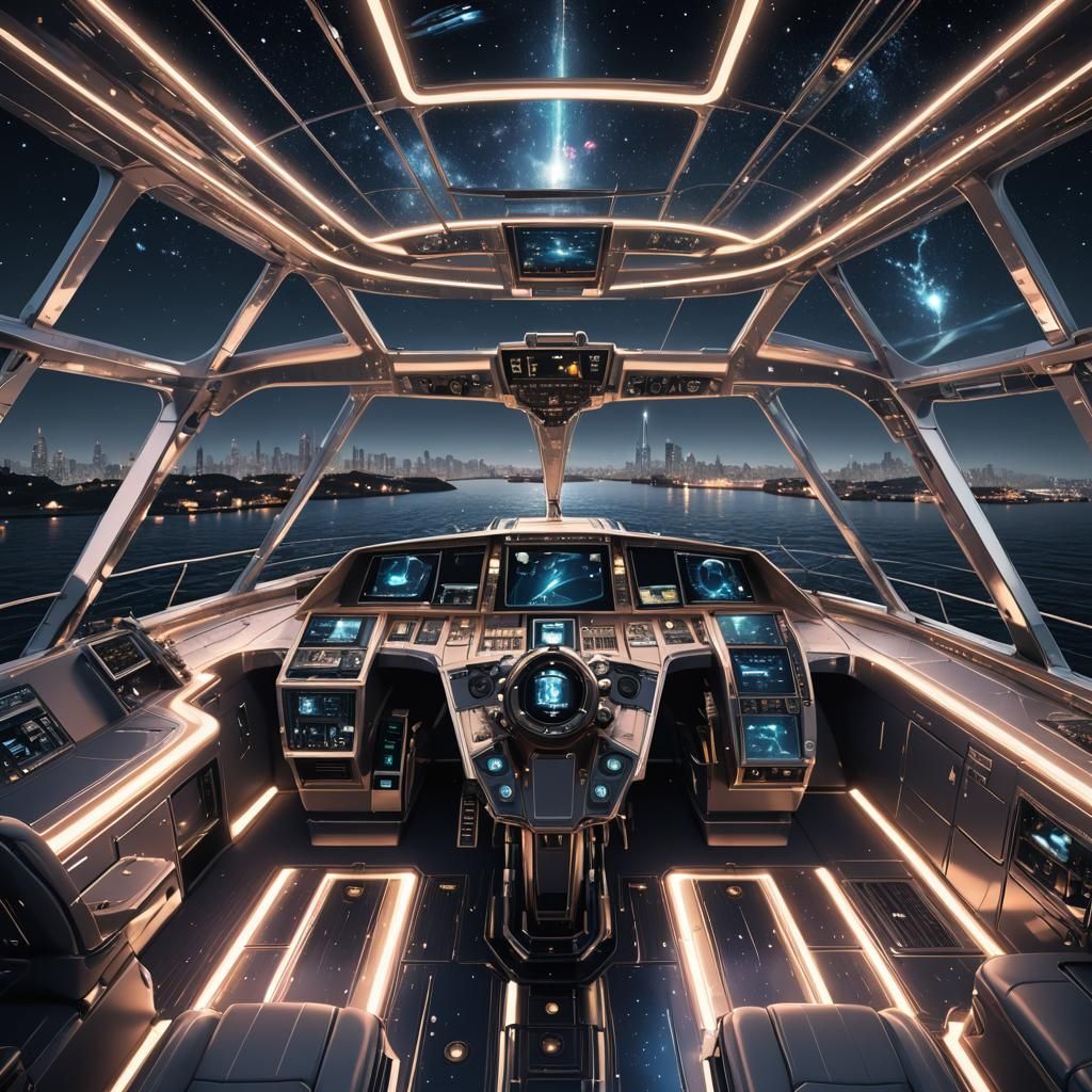 Futuristic Yacht Sails Starry Ocean in Cyberpunk Style