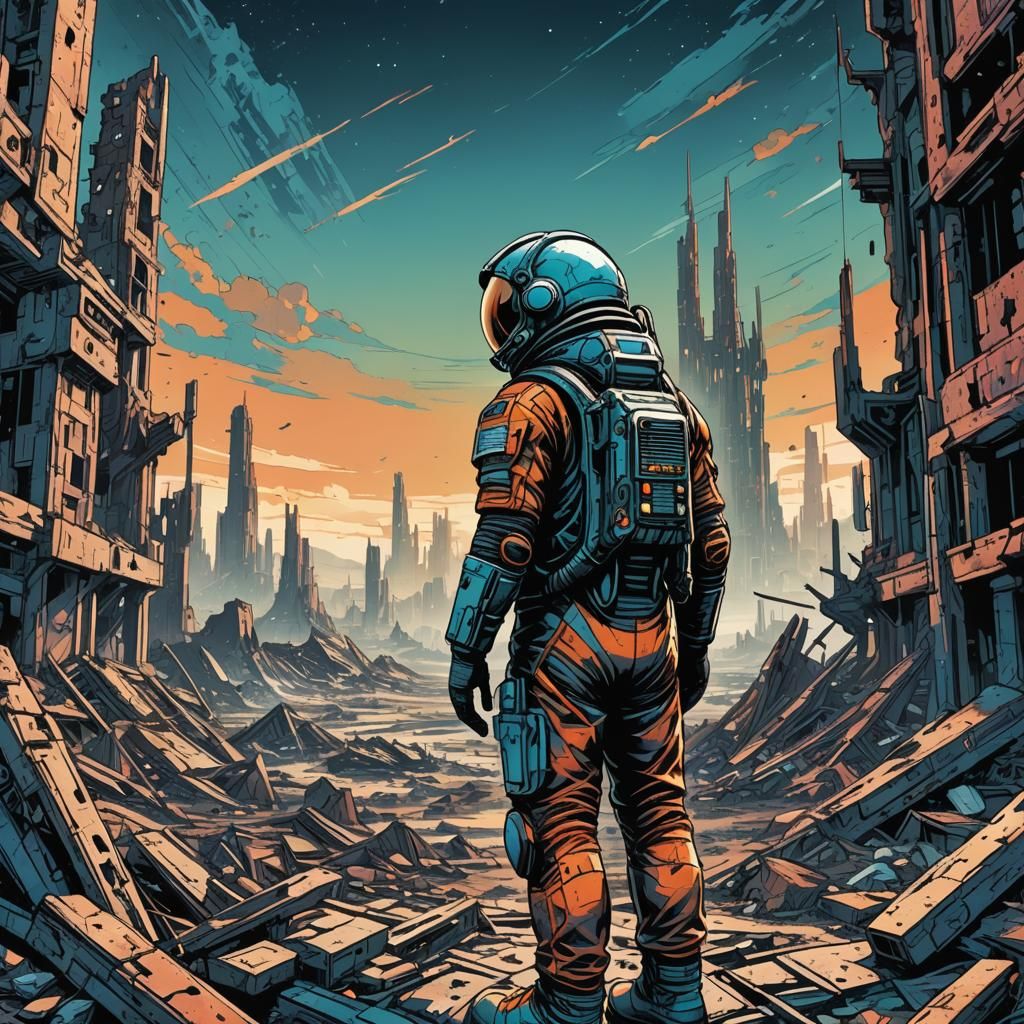 Sci-Fi Astronaut in Ruined City, Comic Book Art