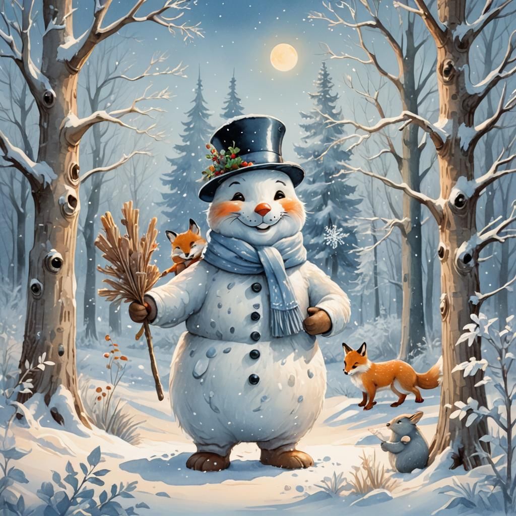 Snowman's Whimsical Hug: A Winter Wonderland Scene