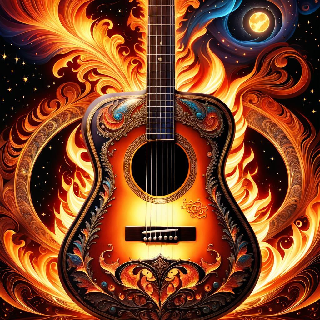 Fiery Antique Guitar in Mythical Concept Art