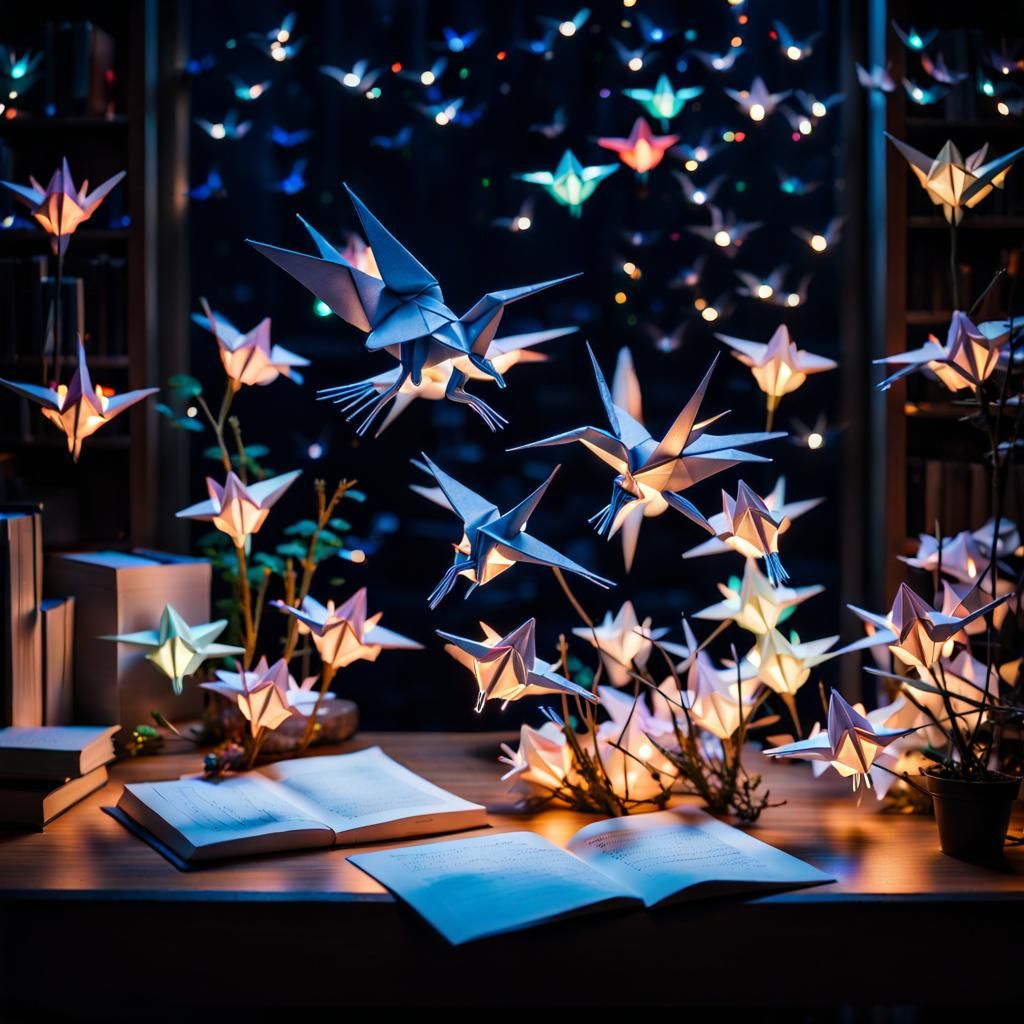 Intricate Origami Birds and Flowers Diorama