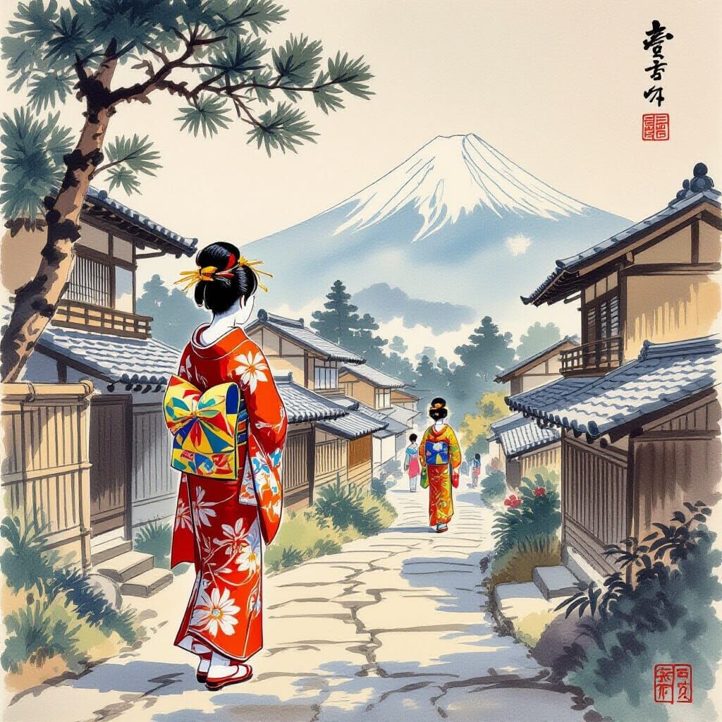 Japanese Family in Village, Ukiyo-e Style