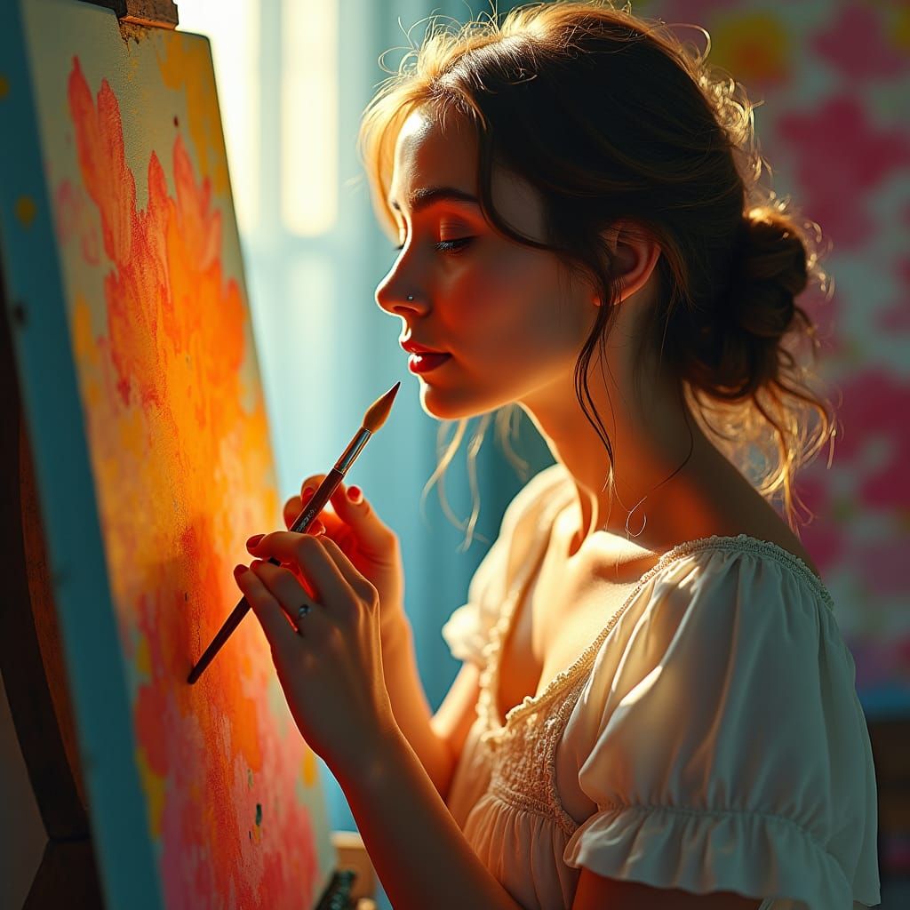 Romantic Artist Contemplates Beloved in Dreamy Studio