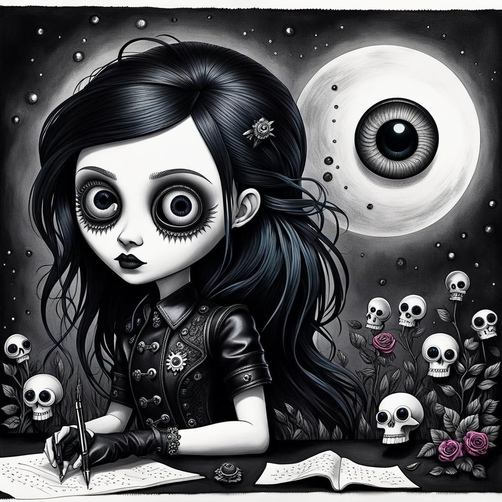 Surreal Crayon Drawing of a Goth Woman