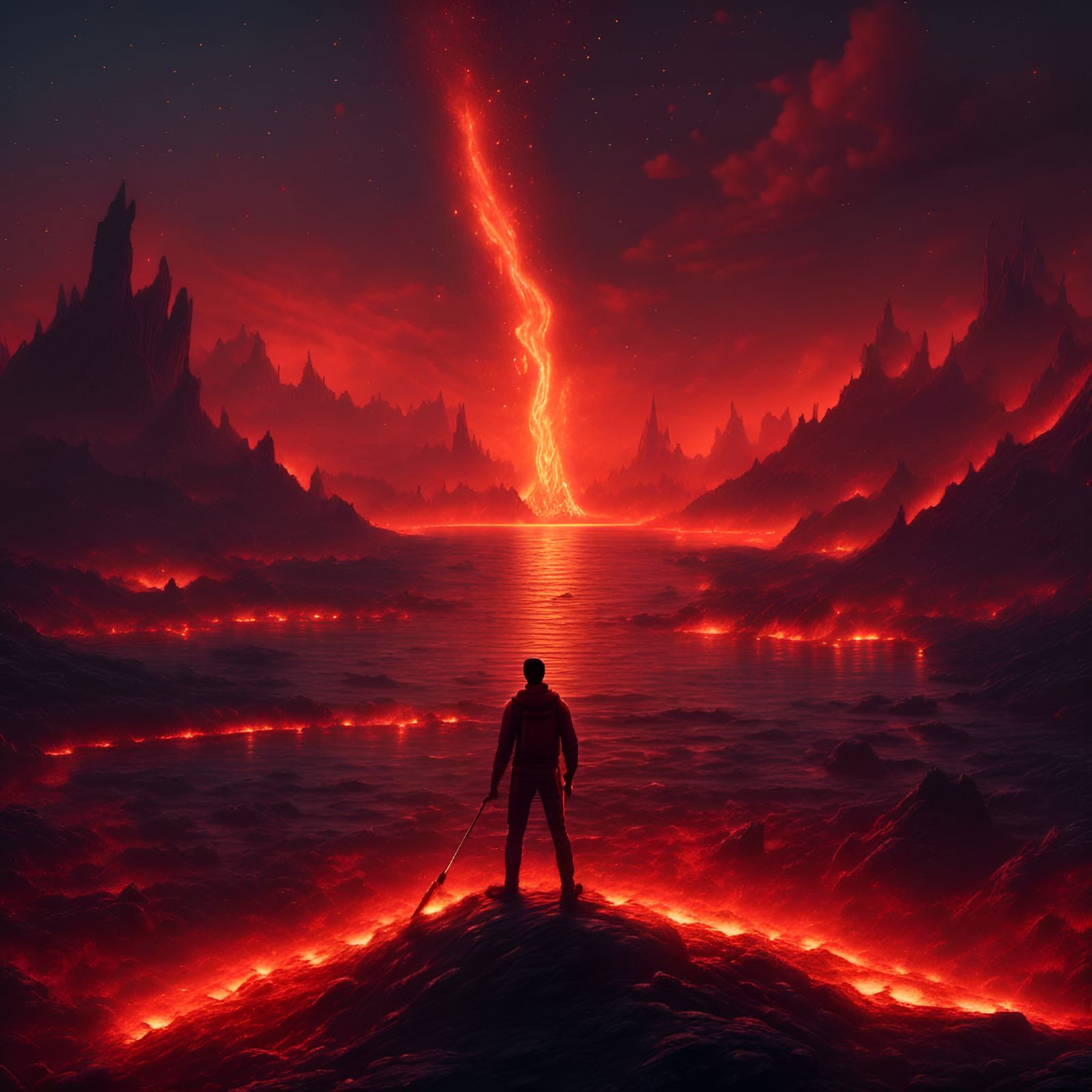 Torchbearer at Lava Lake Under Red Stars