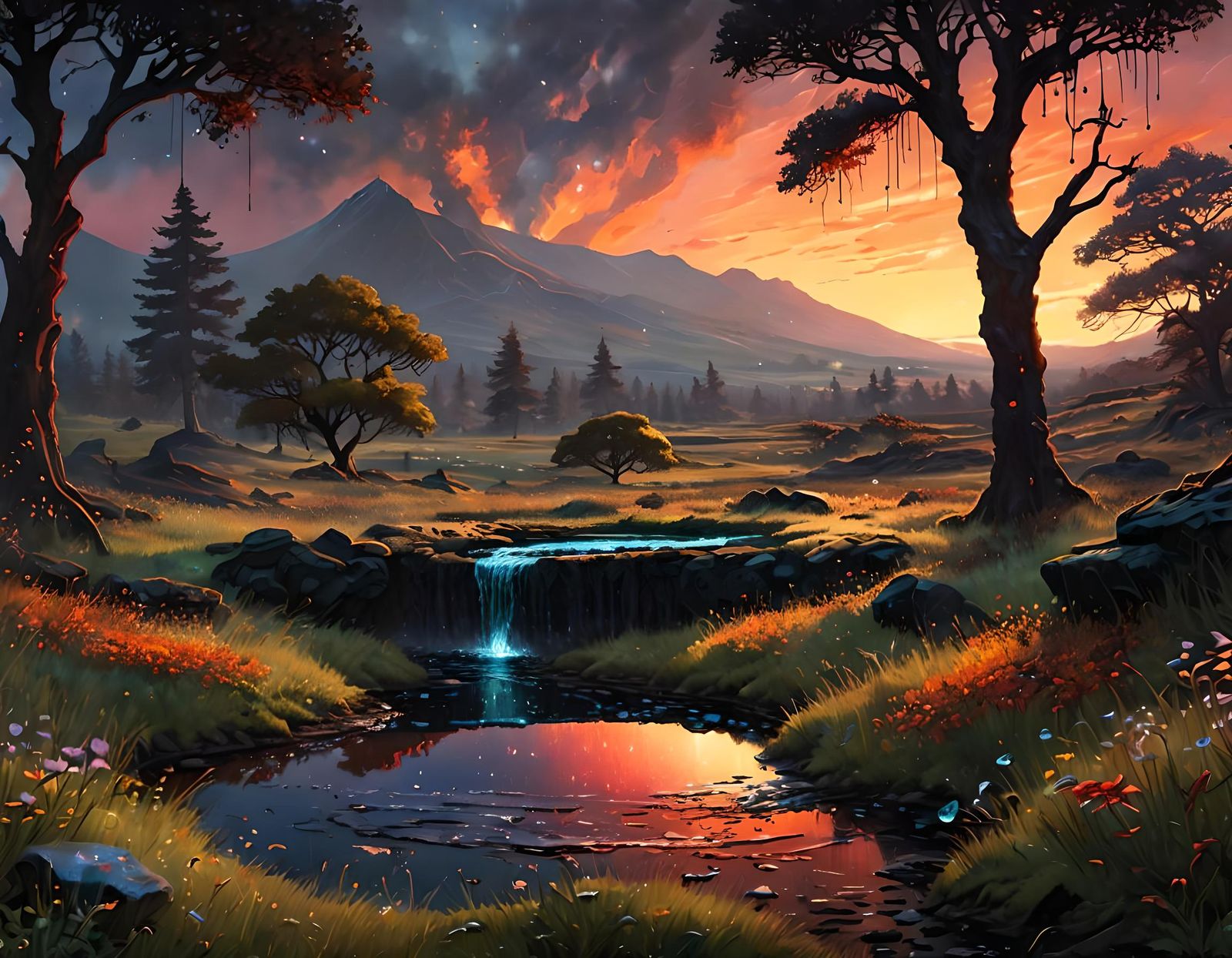 Ethereal Landscape with Lava and Dew-Kissed Shadows in Moody...