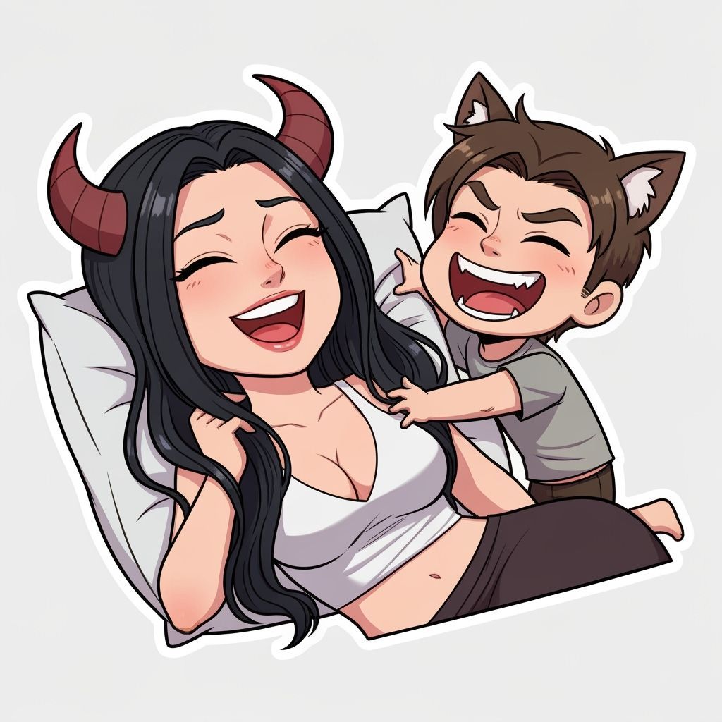 Cute Chibi Couple Sticker Design with Demon Horns and Wolf E...