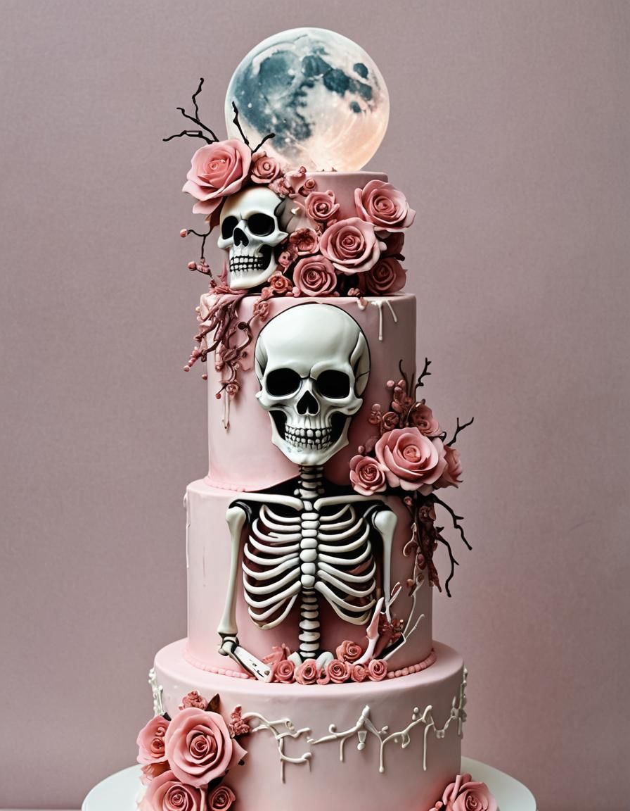 Skeleton and Moon Wedding Cake in Pink