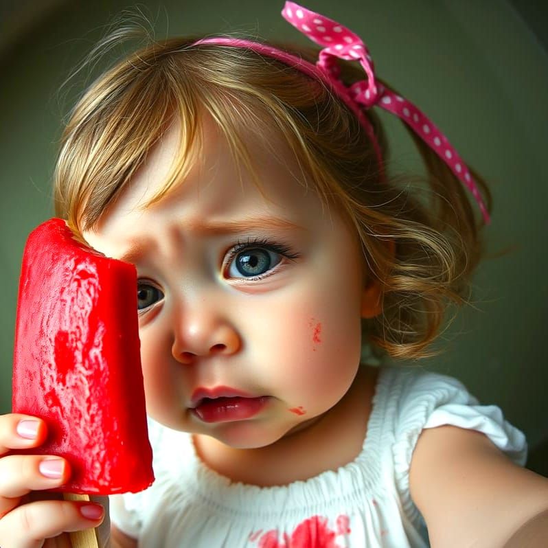 Giant Toddler with Popsicle in Hyper-Realistic Style