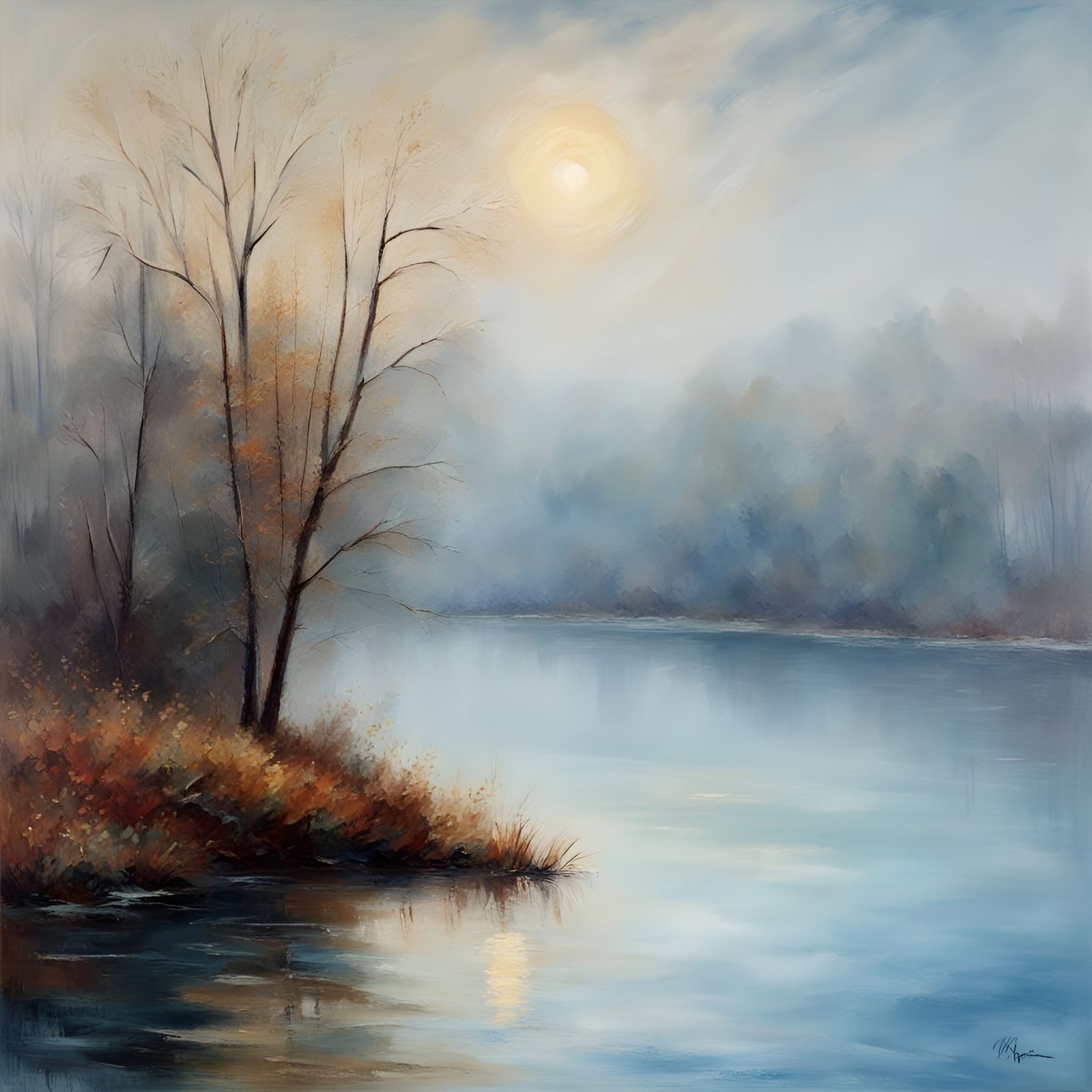 Tranquil Winter Lake in Fog as Impasto Painting