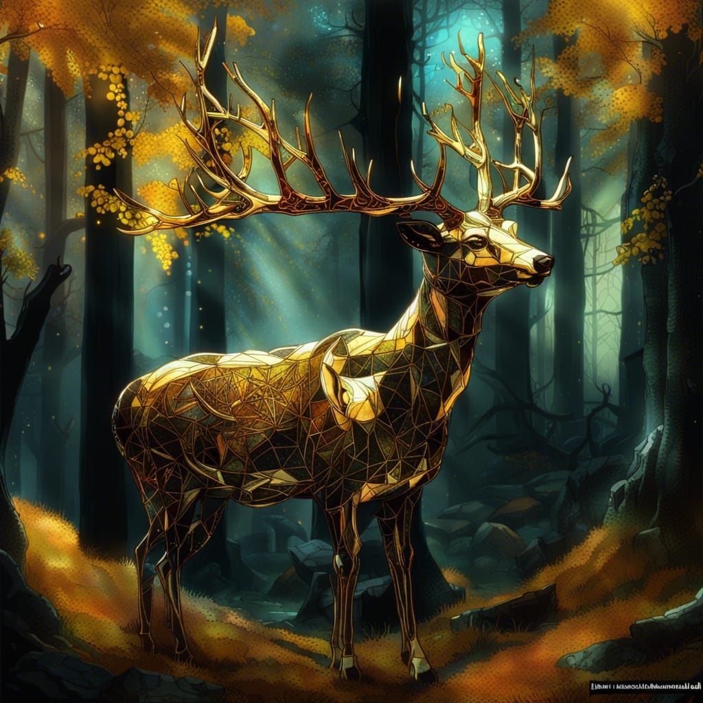 Majestic Golden Deer in Gothic Stained Glass Forest