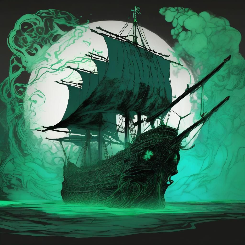 Mythic Ship in Shadow: Dark Fantasy Japanese Ink Art