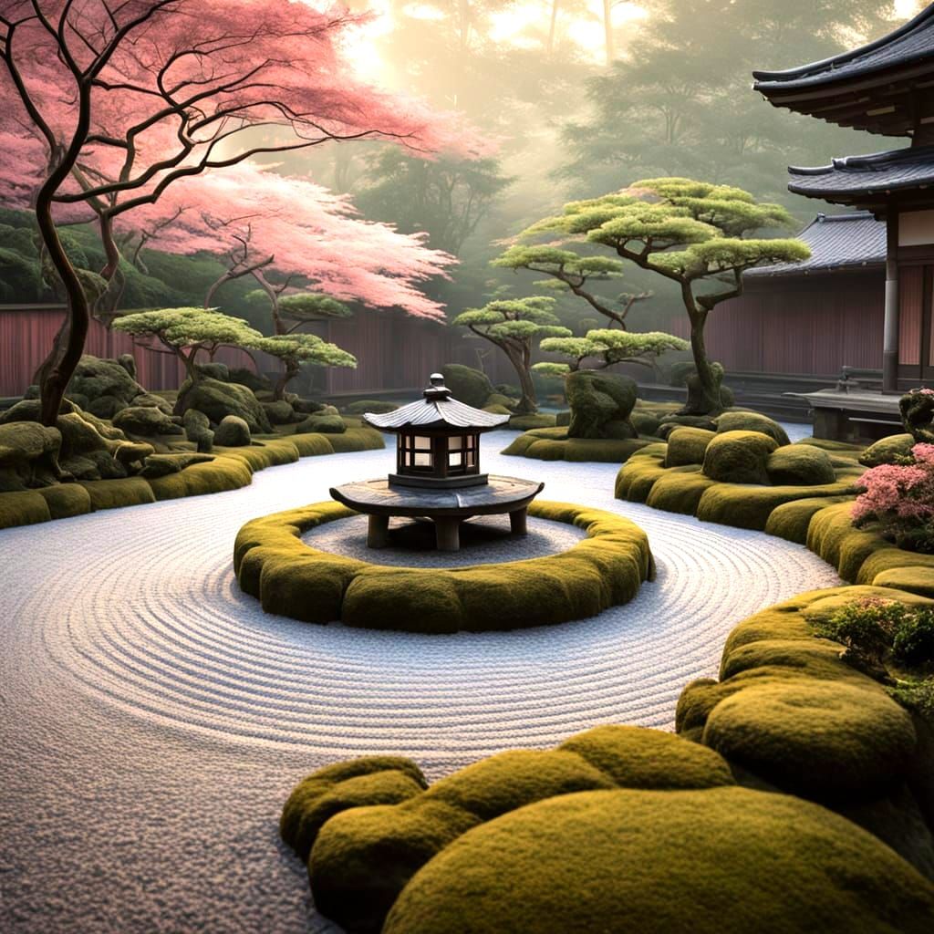Tranquil Japanese Rock Garden at Dawn