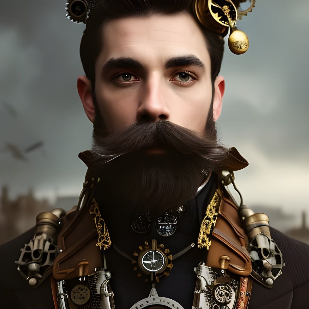 Steampunk Gentleman Portrait with Cat, Detailed Art