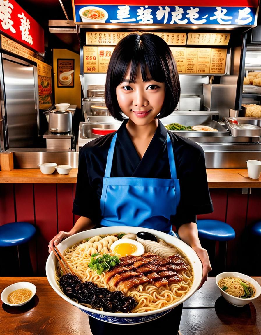 Indonesian Waitress Serving Ramen in Restaurant