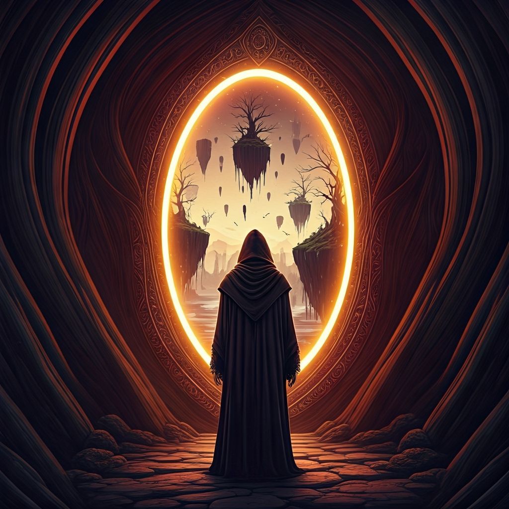 Mysterious Figure at Arcane Portal: Dark Fantasy Art