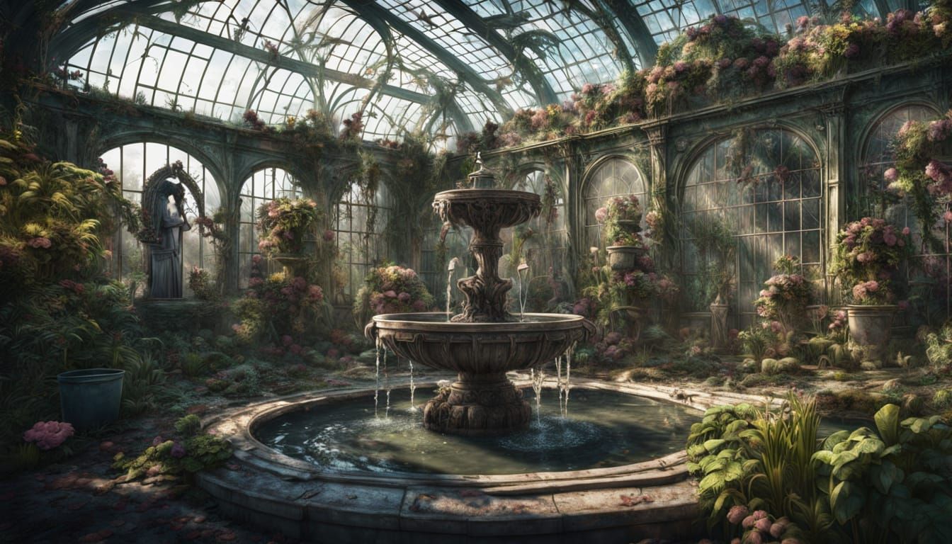 Abandoned Greenhouse Overgrown With Broken Statues