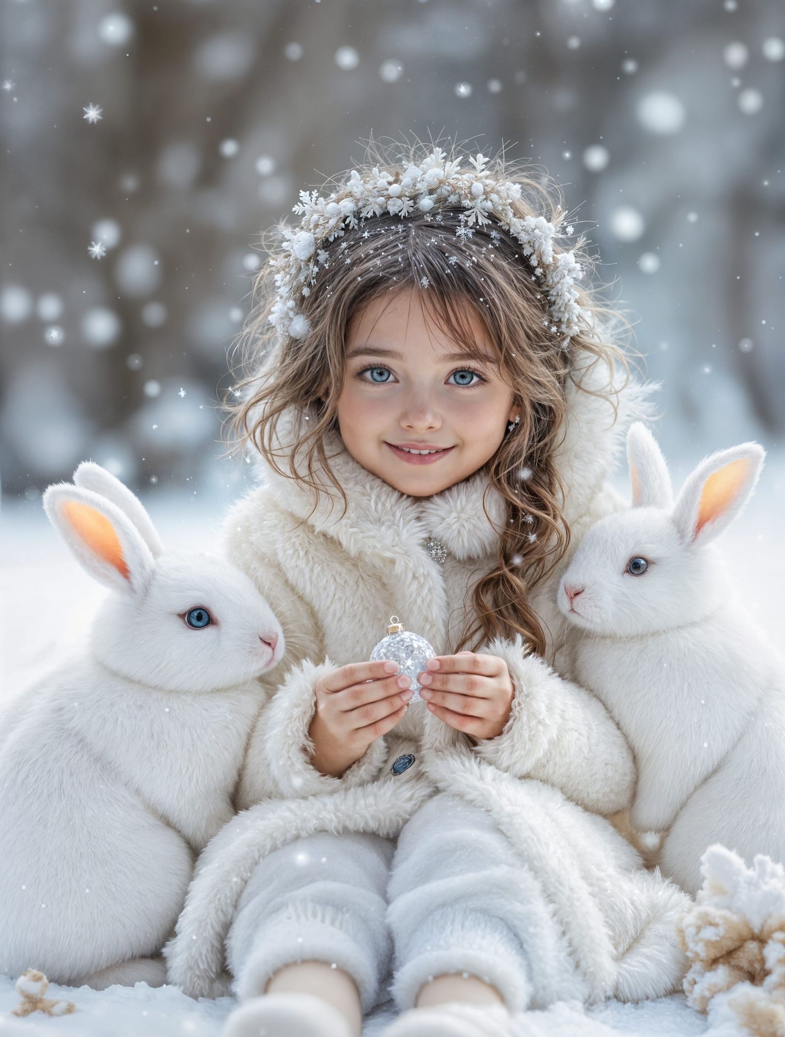 Winter Wonderland Girl with Rabbits and Snowflakes