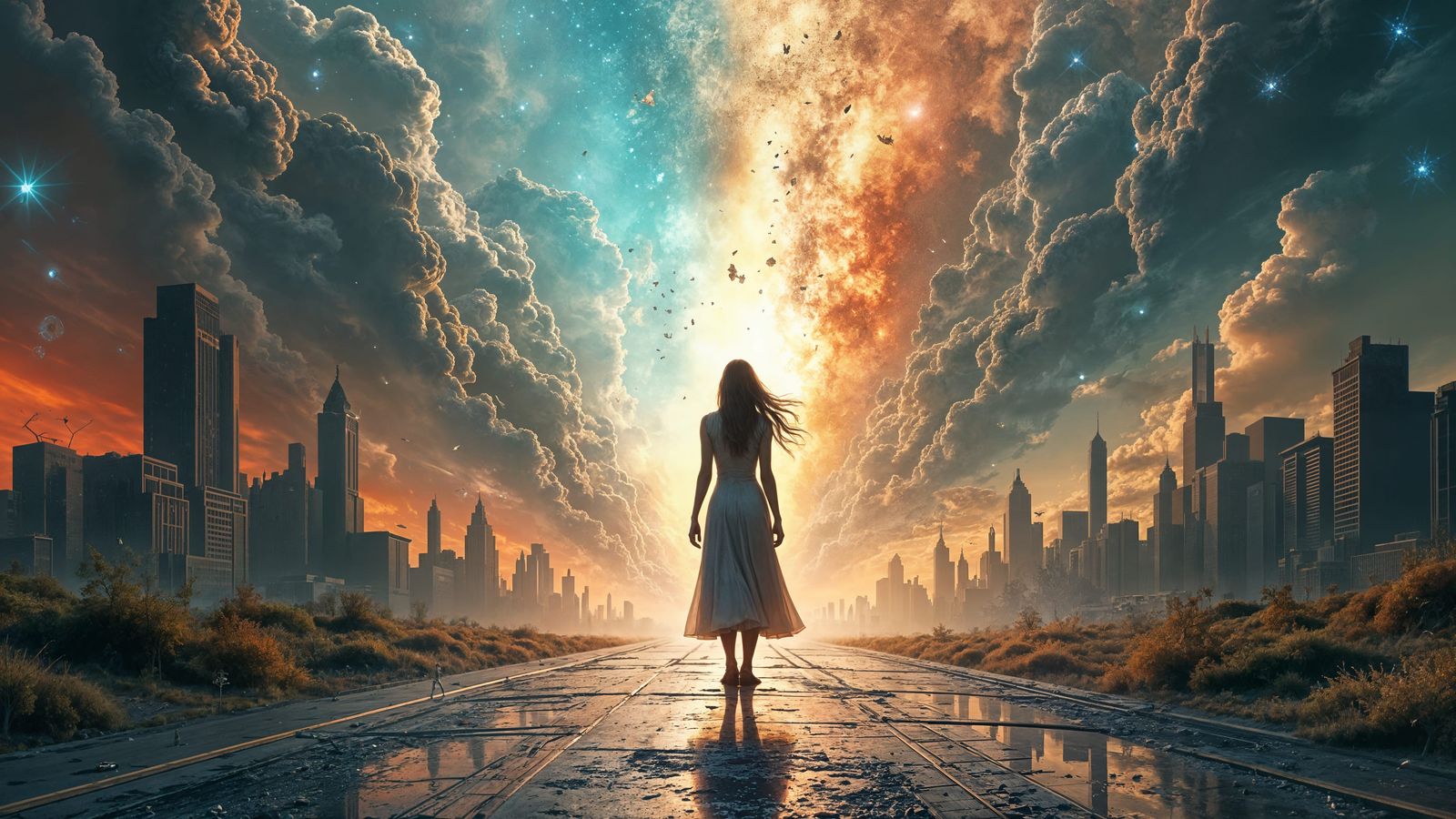 Time Traveler's Convergence in Vibrant Sci-fi Scene