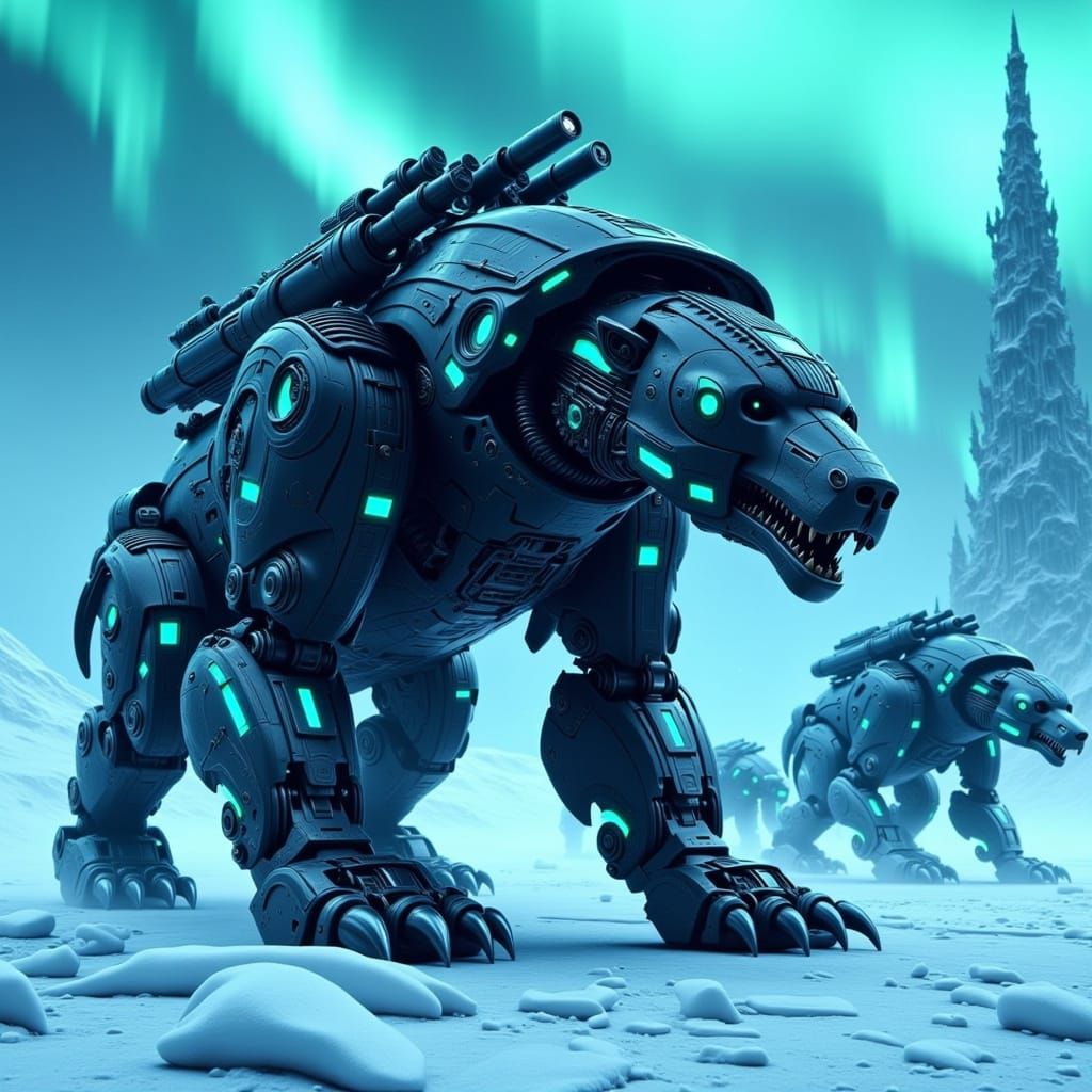 Cybernetic Polar Bear in Dystopian Wasteland, Robotic Mecha ...