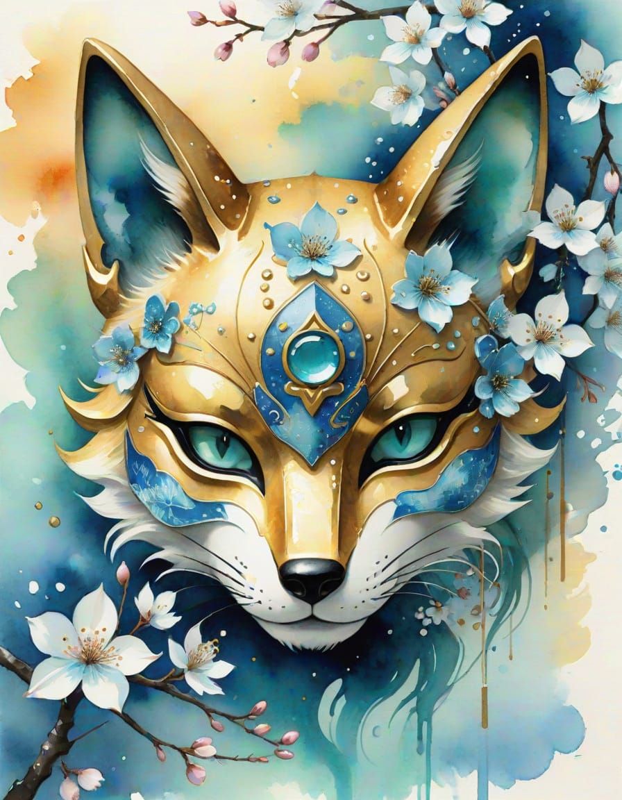 Watercolor Japanese Kitsune Mask with Cherry Blossoms and Aq...