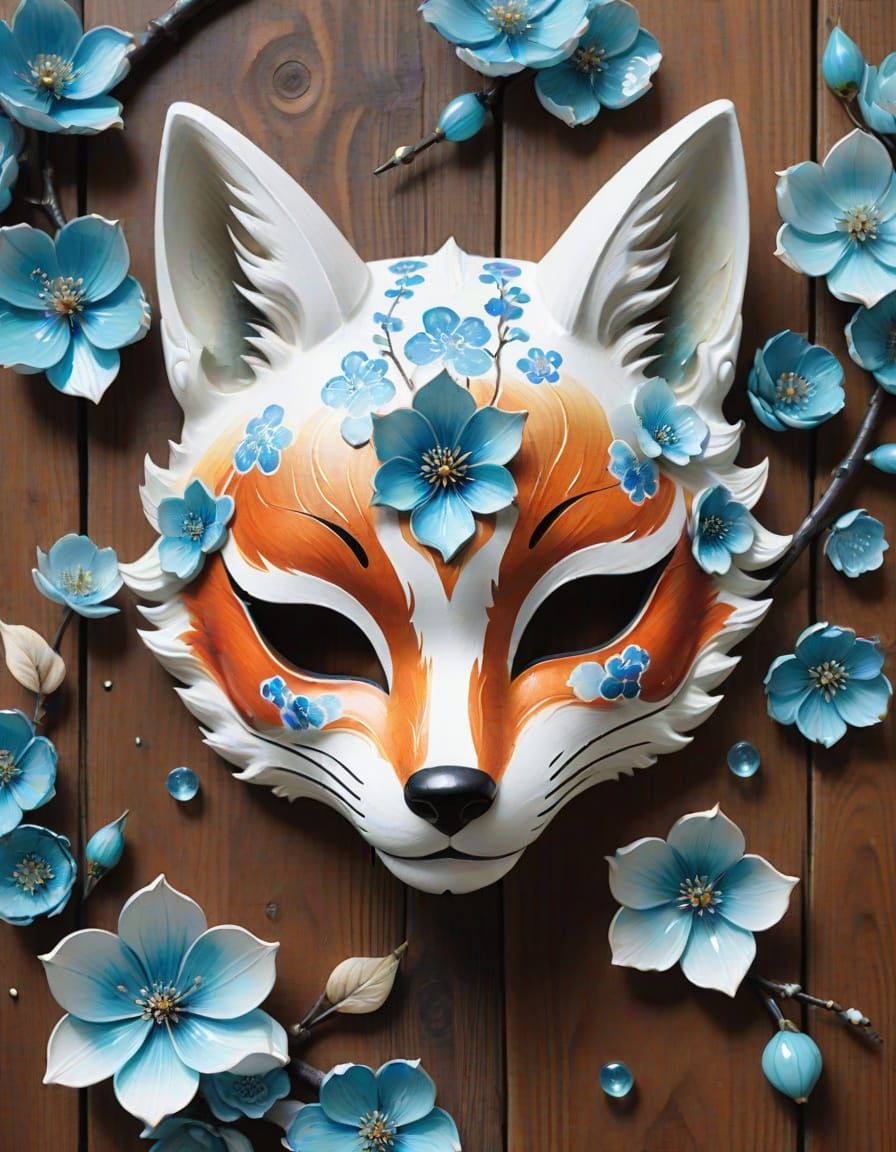 Traditional Japanese Kitsune Mask in Whimsical Watercolor