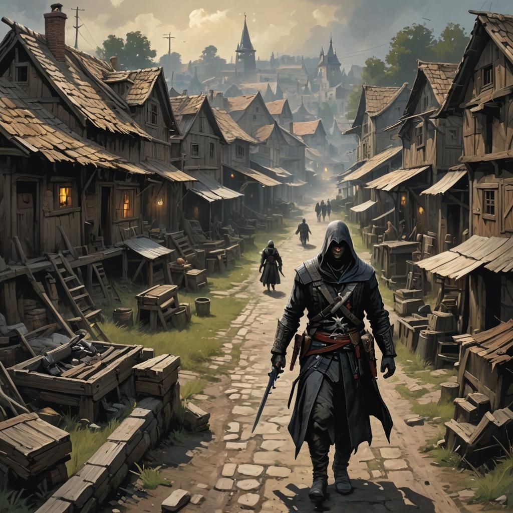 Sinister Assassin in Village, Dark Art Style