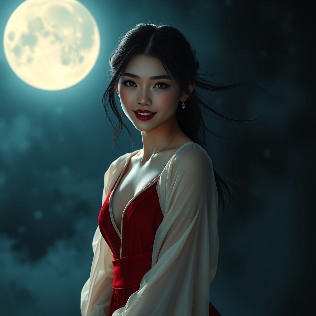 Dark Fantasy Portrait of Enchanting Japanese Woman Under Ful...
